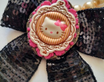 Sanrio Hello Kitty Pearl Bow Cameo Statement Huge Necklace OOAK