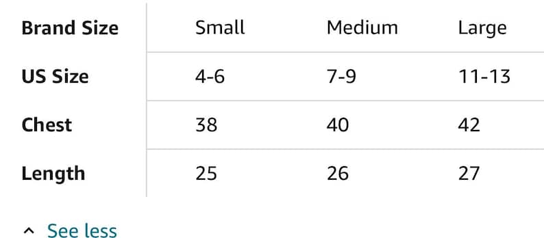 May include: Size chart for clothing with US sizes, chest measurements in inches, and length measurements in inches. Small: US size 4-6, chest 38 inches, length 25 inches. Medium: US size 7-9, chest 40 inches, length 26 inches. Large: US size 11-13, chest 42 inches, length 27 inches.
