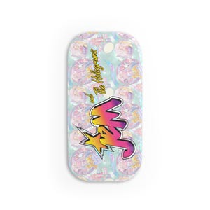 May include: A rectangular phone case featuring a repeating pattern of cartoon characters in a light blue background. The case has a colorful "WAZ" logo with a starburst and the text "and The Holograms".