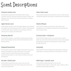 Puede incluir: Una lista de descripciones de aromas para velas, con nombres como "Canela Vainilla", "Cosecha de Manzana", "Calor Navide&ntilde;o", "Maracuy&aacute; Pimienta", "Sal Marina + Orqu&iacute;dea", "Algod&oacute;n Limpio", "Susurro de Atlantis", "Crema de Coco + Cardamomo", "Sin Aroma", y "Salvia Blanca + Lavanda".