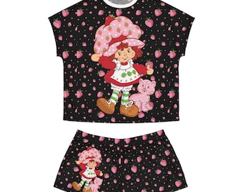 Berry Girl Pajama Set, All Over Strawberry Print, 80s Nostalgia, 80s Cartoon Design, Cute Sleepwear, Short Sleeve PJ Set