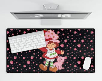 Alfombrilla de escritorio Berry Girl, alfombrilla de escritorio con estética retro de los 80, linda decoración de escritorio con gato rosa, alfombrilla de escritorio con dulce fresa, accesorio de escritorio con estampado de corazones