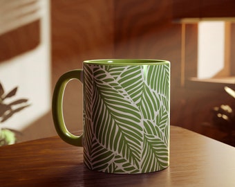 Green Leaf Ceramic Mug, Coffee Mug Gift, Book Lover Gift, Personalized Gift, Gift for Her, Everyday Aesthetic Mug 11oz
