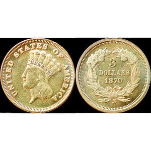 1870-S Three Dollar Piece Indian Princess Gold Plate Coin - Uncirculated