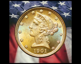 1901 Liberty Head Five Dollar Half Eagle Gold Plated Coin Modern RESTRIKE Token