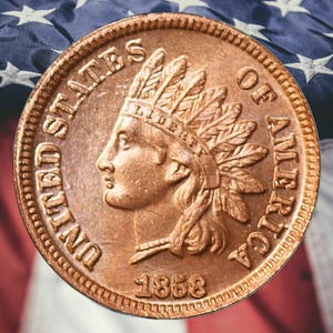 May include: A copper Indian Head penny from 1868, featuring a profile of a Native American in a feathered headdress. The coin is embossed with the words "United States of America" and "Liberty".