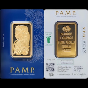 May include: A gold bar from PAMP, featuring a woman's profile on one side and details on the other. The bar is labeled "SUISSE 1 OUNCE FINE GOLD 999.9" and is encased in a protective card. The card also includes the text "VERISCAN".
