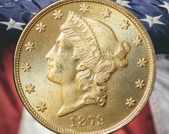 May include: A gold coin with a profile of a woman wearing a crown and the word "LIBERTY". The coin is dated 1879 and surrounded by floral designs. The background features the American flag.