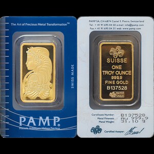 May include: A gold bar with a woman's face on it. The bar is labeled "SUISSE ONE TROY OUNCE 999.9 FINE GOLD B137528".