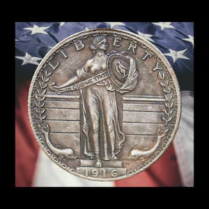 Pattern 1916 Standing Liberty Quarter Dollar with Dolphins Type 2 Silver Plated Modern RESTRIKE Token
