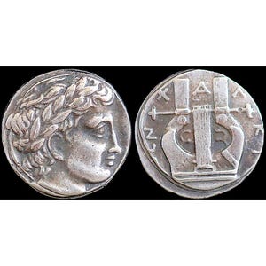 383-382 BC Ancient Greek Coin Apollo Kithara or Guitar - Tetradrachm 22mm