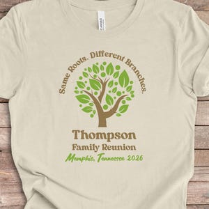 Family Reunion Shirts w/ Personalized Name, Location, Year. "Same Roots. Different Branches." Design, Matching Colors in Youth & Adult Sizes