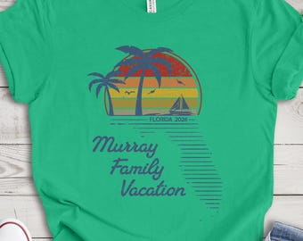 Custom Florida Beach Vacation Shirt, Retro Sunset w/ Personalized Family Name, Matching Colors in Youth & Adult Sizes
