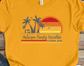 Family Beach Vacation Shirt: Retro Sunset w/ Personalized Name, Matching Colors in Youth & Adult Sizes