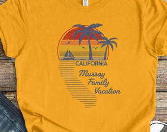 California Vacation Shirt, Retro Sunset w/ Personalized Family Name, Matching Colors in Youth & Adult Sizes