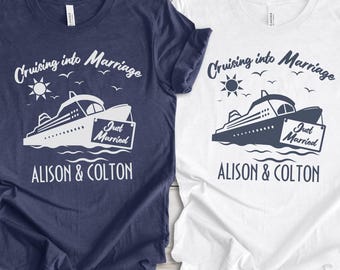 Couple's Honeymoon Cruise Shirts, Just Married Sign, Cruising into Marriage, Personalized Names, Mix/Match Honeymoon Vacation Shirts