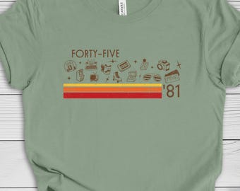45th Birthday Shirt, Retro Stripe Design w/ 80's Icons, Milestone Birthday Gift, Forty-Fifth Birthday, Eighties Shirt
