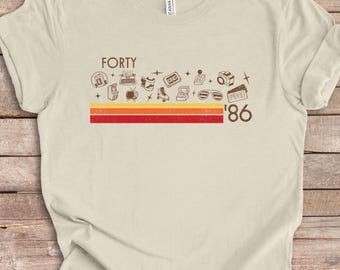 40th Birthday Shirt, Retro Stripe Design w/ 80's Icons, Milestone Birthday Gift, Fortieth Birthday, Eighties Shirt