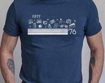 50th Birthday Shirt, Retro Stripe Design w/ 70s & 80's Icons, Milestone Birthday Gift, Fiftieth Birthday, Eighties Shirt