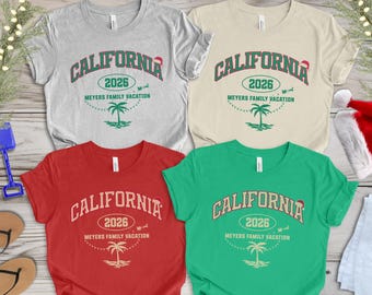 Custom California Christmas Shirt, Family California Beach Vacation, Personalized Name and Matching Colors in Toddler, Youth & Adult Sizes