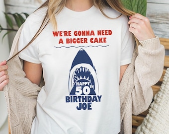 Funny Personalized 50th Birthday Gift, shark movie inspired Milestone Birthday Party Shirt, makes a great group party favor, for movie lover