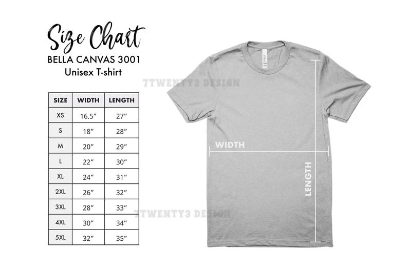 以下が含まれることがあります： Bella Canvas 3001 ユニセックスTシャツのサイズチャート。チャートは、XSから5XLまでのサイズについて、幅と長さをインチで示しています。