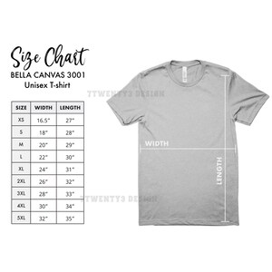 May include: A light gray unisex Bella Canvas 3001 t-shirt with a size chart. The chart lists sizes XS to 5XL, with width measurements from 16.5 inches to 32 inches and lengths from 27 inches to 35 inches.