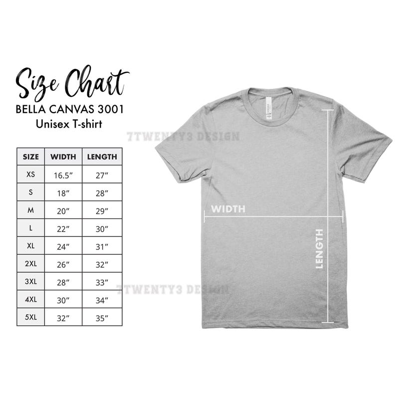 May include: A light gray unisex Bella Canvas 3001 t-shirt with a size chart. The chart lists sizes XS to 5XL, with width measurements from 16.5 inches to 32 inches and lengths from 27 inches to 35 inches.