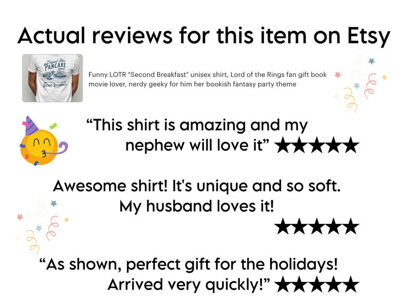 以下が含まれることがあります： パンケーキのグラフィックと「パンケーキ」というテキストが書かれた白いTシャツ。このTシャツは、ロード・オブ・ザ・リングのファンへのギフトで、「セカンド・ブレックファスト」というテキストが書かれています。画像には、5つ星の評価による顧客レビューが含まれています。