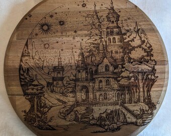 Laser Engraved Revolving Tray | Christmas Castle Design | Lazy Susan | Kitchen Turntable | Holiday Decor