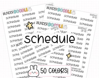 May include: A collection of white stickers with the word "schedule" printed repeatedly. The stickers feature the "Wunder Doodle" logo and the text "50 Colors!" in a playful font. Some stickers have a star or bunny graphic.