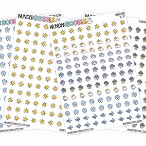 May include: Four sheets of adhesive planner stickers featuring weather icons. Each sheet displays rows of small, colorful illustrations including yellow suns, grey clouds, rain, thunderstorms, snow, and wind symbols with the text WUNDERDOODLE.
