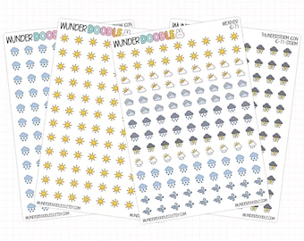 May include: Four sheets of adhesive planner stickers featuring weather icons. Each sheet displays rows of small, colorful illustrations including yellow suns, grey clouds, rain, thunderstorms, snow, and wind symbols with the text WUNDERDOODLE.