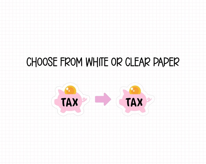 a simple illustration of two pink piggy banks with gold coins, accompanied by text that reads "Choose from white or clear paper".