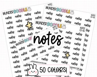 Könnte beinhalten: Eine Sammlung weißer Stickerbögen mit dem Wort "Notizen" in handschriftlicher Schrift. Die Aufkleber sind von der Marke "Wunder Doodle" und enthalten einen Aufkleber mit dem Text "50 COLORS!" und ein Cartoon-Kaninchen.