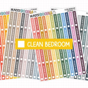 May include: A collection of colorful planner stickers with the text "CLEAN BEDROOM" repeated on each sticker. The stickers are arranged in vertical columns with a checkbox next to the text, and the background is white.
