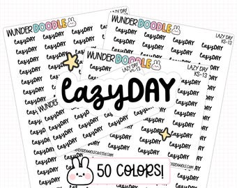 May include: A collection of white sticker sheets with the words "Lazy Day" in a handwritten font. The stickers feature the text "Lazy Day" repeated, along with the brand name "Wunder Doodle" and a "50 Colors!" label.