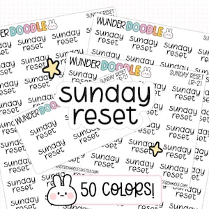 May include: Sheets of planner stickers with the text "sunday reset" in black. The stickers have a white background and are decorated with a star and a bunny. The text "50 colors!" is also visible.