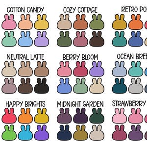 May include: A color palette chart featuring nine groups of six bunny-shaped icons, each labeled with names like Cotton Candy, Cozy Cottage, Retro Pop, Neutral Latte, Berry Bloom, Ocean Breeze, Happy Brights, Midnight Garden, and Strawberry Milk.