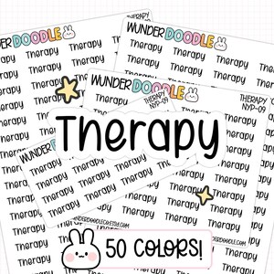 May include: A collection of white sticker sheets featuring the word Therapy printed in black text. The sheets include the brand name WUNDER DOODLE with a small rabbit icon, a large die-cut Therapy sticker, a yellow star, and a pink box stating 50 COLORS!