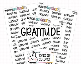 May include: A collection of stickers with the word "Gratitude" in various fonts and sizes. The stickers feature the brand name "Wunder Doodle" and a cute bunny logo. Some stickers also include the phrase "Tons of Colors!"