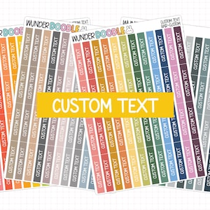 May include: A collection of colorful sticker sheets with the words "Custom Text" printed on them. The stickers are arranged in vertical stripes of various colors, including pink, orange, yellow, green, blue, and purple. The text "Custom Text" is also displayed in a yellow rectangle.