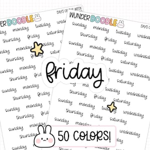 Puede incluir: Dos hojas de pegatinas para planificador con los días de la semana en fuente manuscrita. La palabra "Friday" está en negrita y en grande. Las pegatinas también incluyen un conejo y una estrella, y el texto "50 COLORS!"