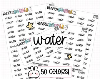 May include: A collection of sticker sheets with the word "water" in various styles. The stickers are white with black text. The image also includes a sticker with the text "50 COLORS!" and the WUNDER DOODLE logo.