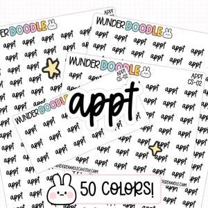 May include: A selection of planner stickers with the word "appt" repeated in a handwritten style. The stickers feature a bunny and star graphic, with the text "50 COLORS!" and "WUNDERDOODLE" in various designs. The stickers are on a white background.