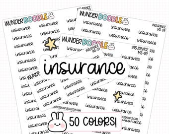 May include: A collection of white sticker sheets with the word "insurance" in a handwritten font. The stickers have a variety of designs, including a star and a bunny. The text "50 COLORS!" is also visible.