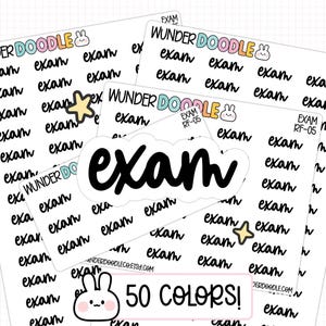 以下が含まれることがあります： 黒い筆記体でexamと書かれたステッカーシートのコレクション。シートには、小さなウサギのアイコンが付いたブランド名WUNDERDOODLE、小さな星のグラフィック、および50色利用可能であることを示すラベルが含まれています。