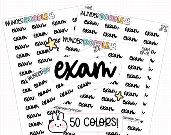 Op de afbeelding: Een verzameling stickervellen met het woord exam in zwarte cursieve letters. De vellen bevatten de merknaam WUNDERDOODLE met een klein konijntjesicoon, kleine stergraphics en een label dat 50 beschikbare kleuren aangeeft.
