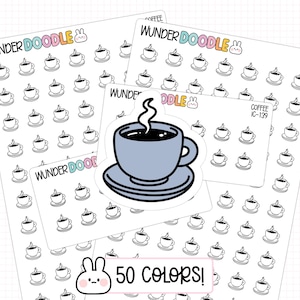 Op de afbeelding: Een verzameling stickervellen met kleine zwart-witte illustraties van koffiekopjes, met een grotere centrale sticker van een lichtblauw koffiekopje op een schoteltje met opstijgende stoom, gelabeld WUNDER DOODLE en COFFEE IC-139 met 50 COLORS!