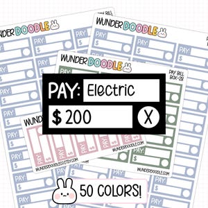 May include: A selection of planner stickers in various pastel shades, designed for bill payment tracking. The stickers include the text "PAY: Electric £200 X" and "WUNDER DOODLE". The pack includes 50 colours.